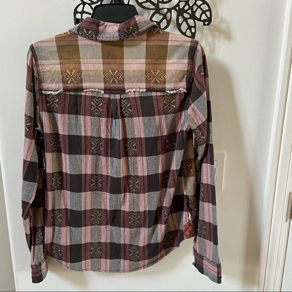 Free People We the Free Embroidered Plaid Shirt with Exposed Raw Seams S - Picture 10 of 14